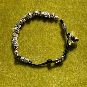 Black Leather Bracelet with Silver Beads